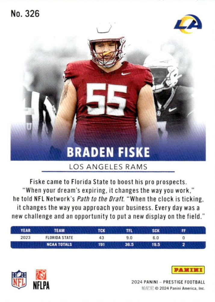 2024 Panini Prestige Braden Fiske RC #326 Los Angeles Rams
