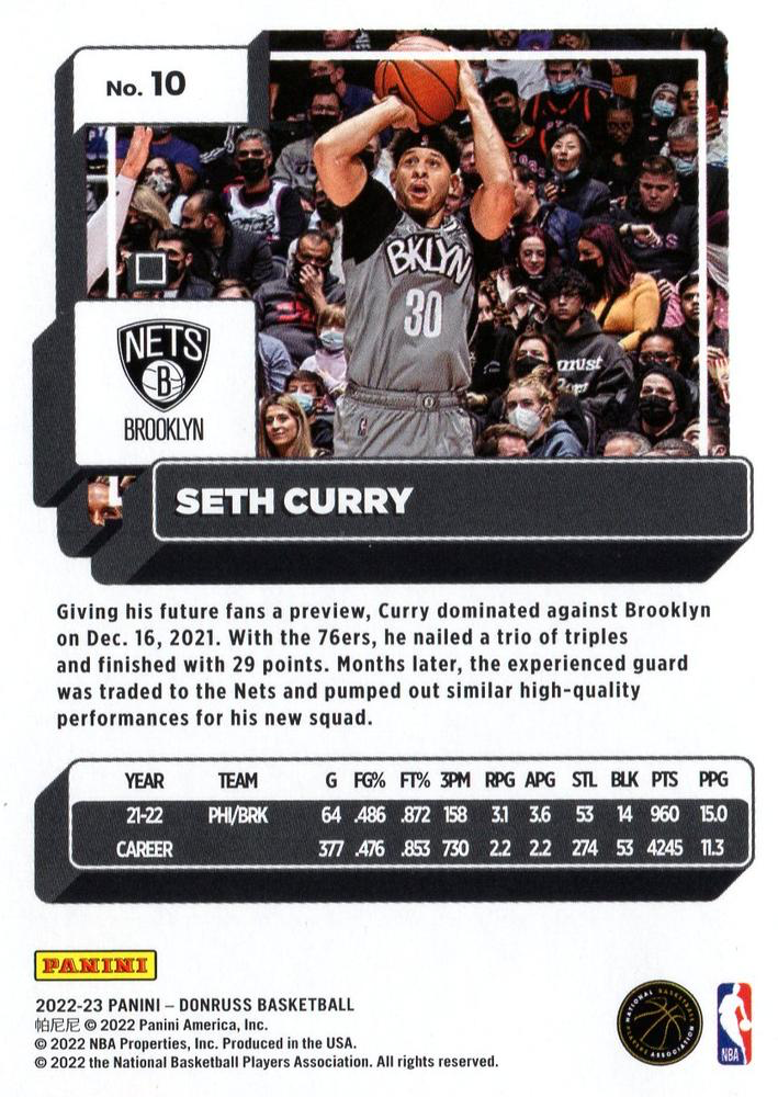2022 Panini Donruss Seth Curry #10 Brooklyn Nets