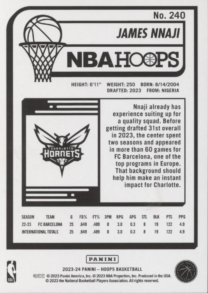 2023 Panini Hoops James Nnaji RC #240 Charlotte Hornets