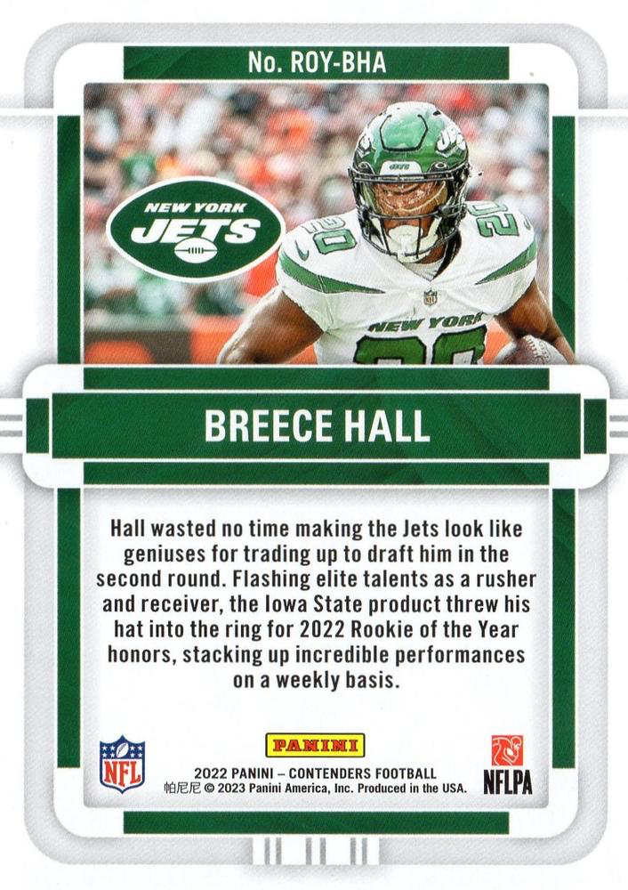 2022 Panini Contenders Rookie of the Year Breece Hall #ROY-BHA New York Jets