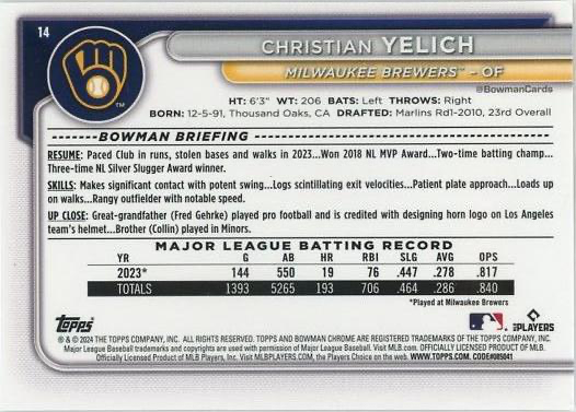 2024 Topps Bowman Chrome Christian Yelich Milwaukee Brewers #14