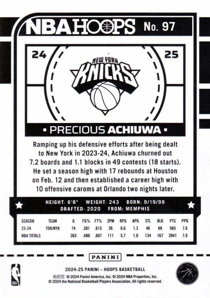 2024 Panini Hoops Precious Achiuwa #97 New York Knicks