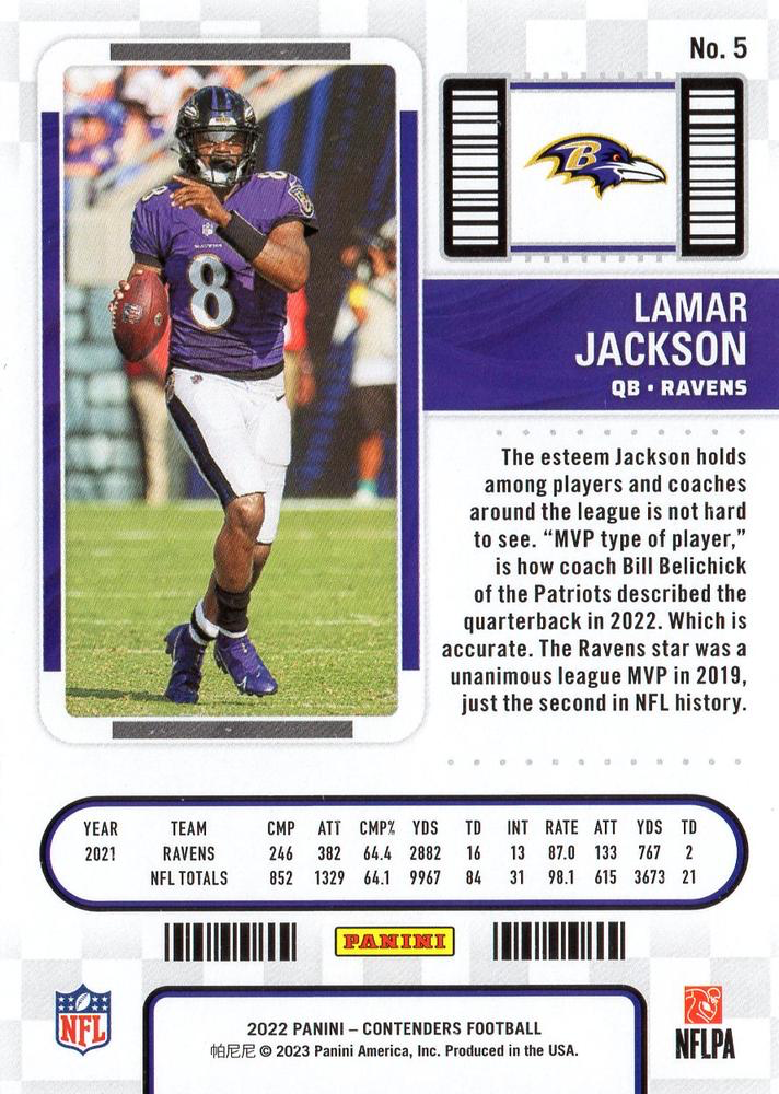 2022 Panini Contenders Lamar Jackson #5 Baltimore Ravens