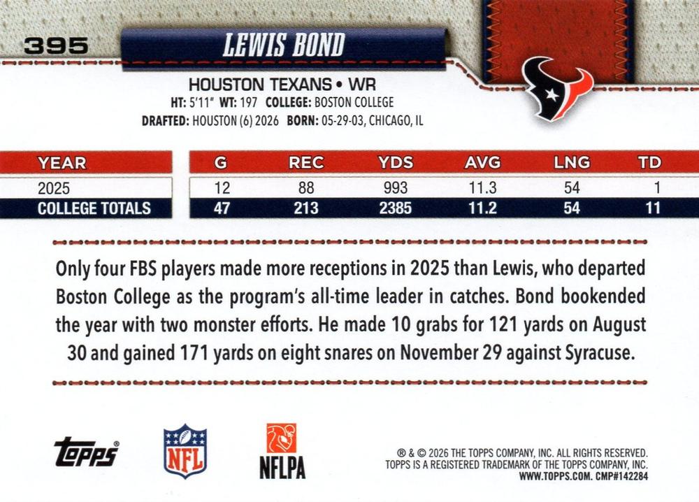 2026 Topps Flagship RC Lewis Bond #395 Houston Texans