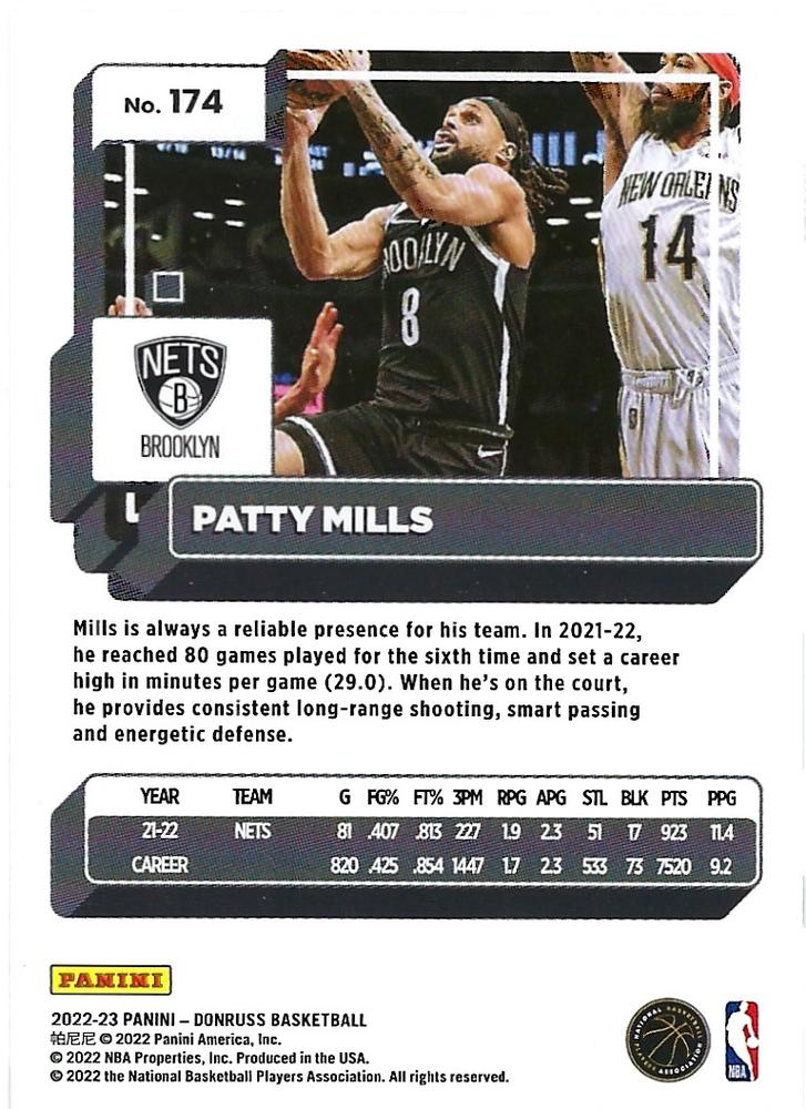 2022 Panini Donruss Patty Mills #174 Brooklyn Nets