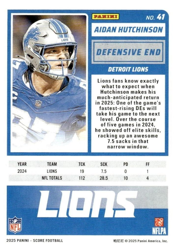 2025 Panini Score Aidan Hutchinson #41 Detroit Lions