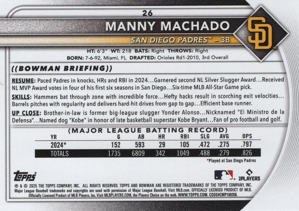 2025 Topps Bowman Manny Machado San Diego Padres #26