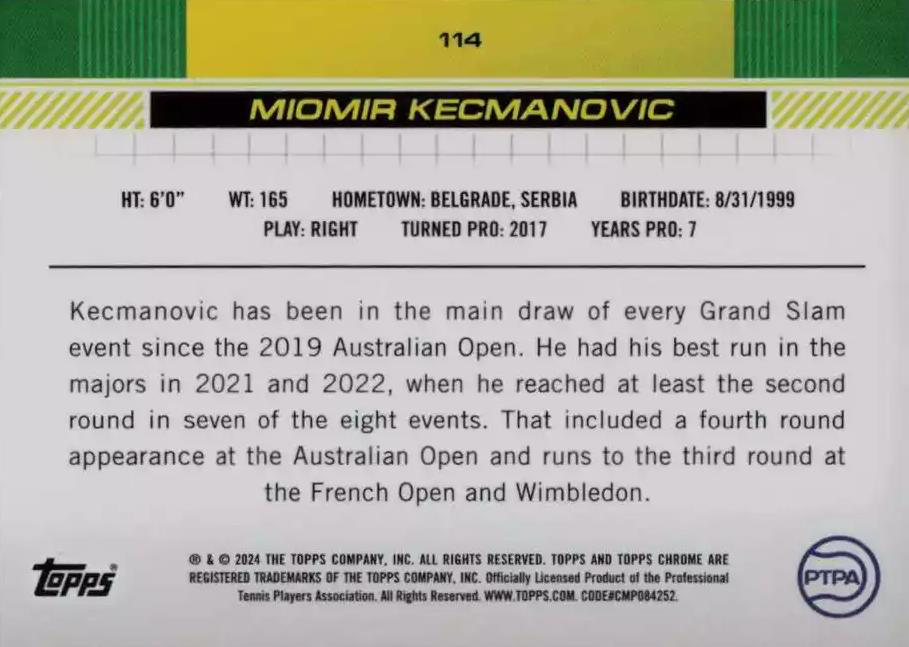 2024 Topps Chrome Tennis Miomir Kecmanovic RC #114