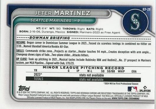 2024 Topps Bowman Chrome Prospects 1ST Jeter Martinez Seattle Mariners #BCP-219