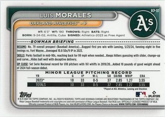 2024 Topps Bowman Chrome Prospects 1ST Luis Morales Oakland Athletics #BCP-157