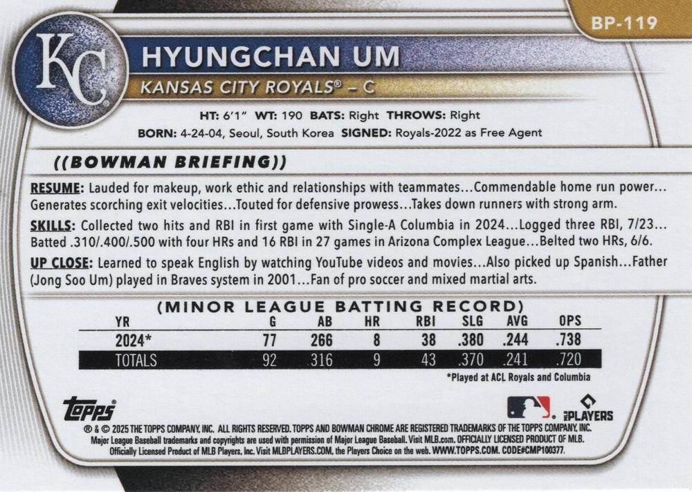2025 Topps Bowman Paper Prospects Hyungchan Um 1st Kansas City Royals #BP-119