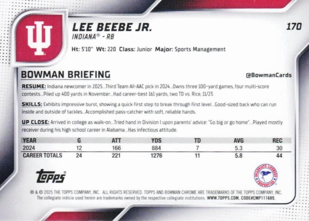 2025 Topps Bowman U Chrome Lee Beebe Jr. 1st #170 Indiana Hoosiers
