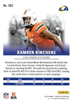 2024 Panini Prestige Kamren Kinchens RC #362 Los Angeles Rams