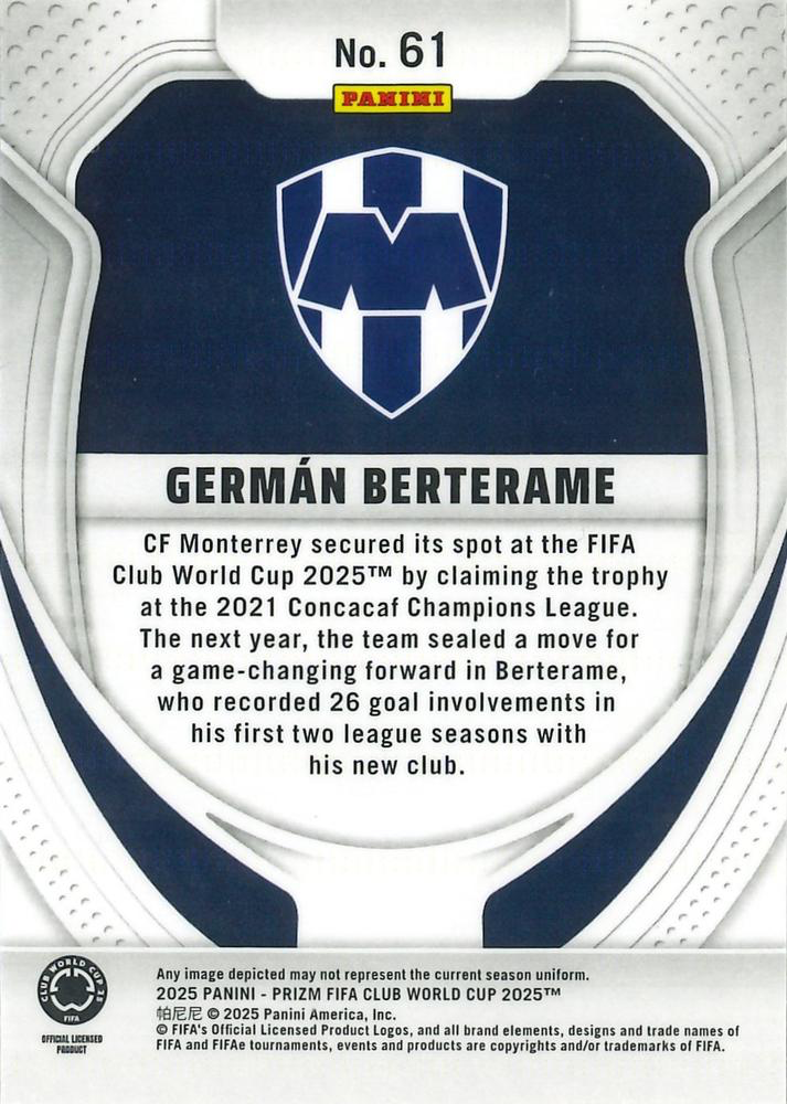 2025 Panini Prizm Club World Cup German Berterame RC #61 C.F. Monterrey