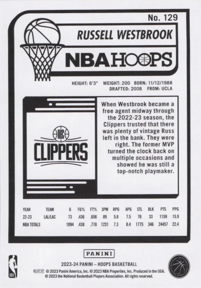 2023 Panini Hoops Purple Russell Westbrook #129 Los Angeles Clippers