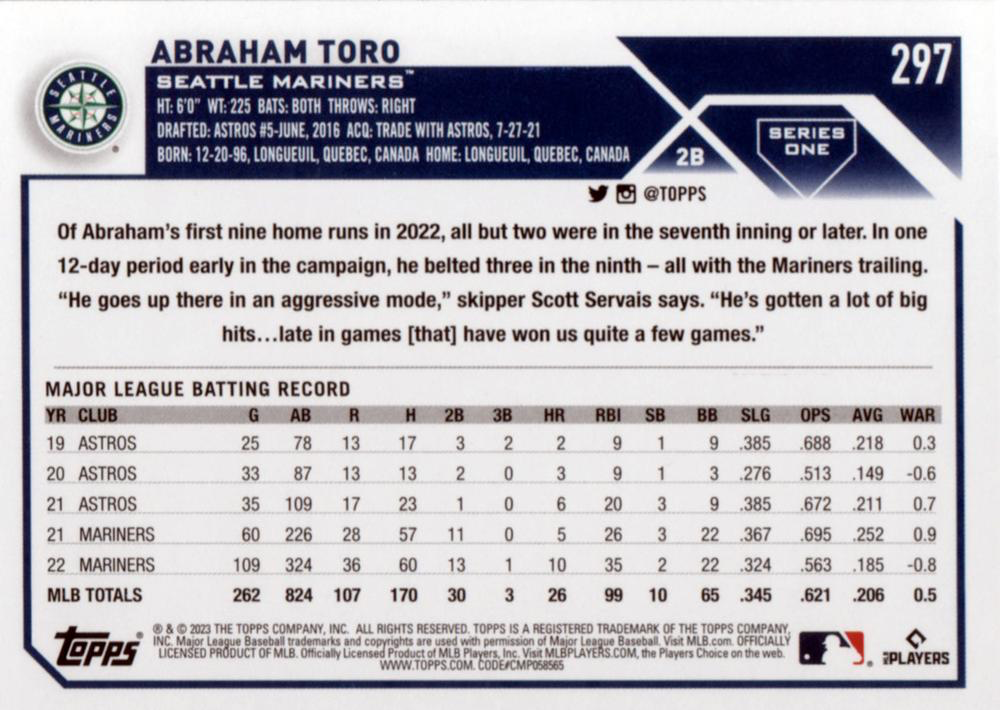 2023 Topps Series 1 Abraham Toro Seattle Mariners #297