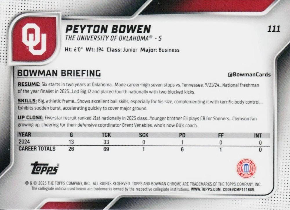 2025 Topps Bowman U Chrome Peyton Bowen 1st #111 Oklahoma Sooners