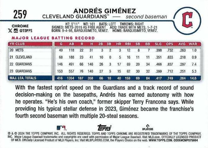 2024 Topps Chrome Andrés Giménez Cleveland Guardians #259