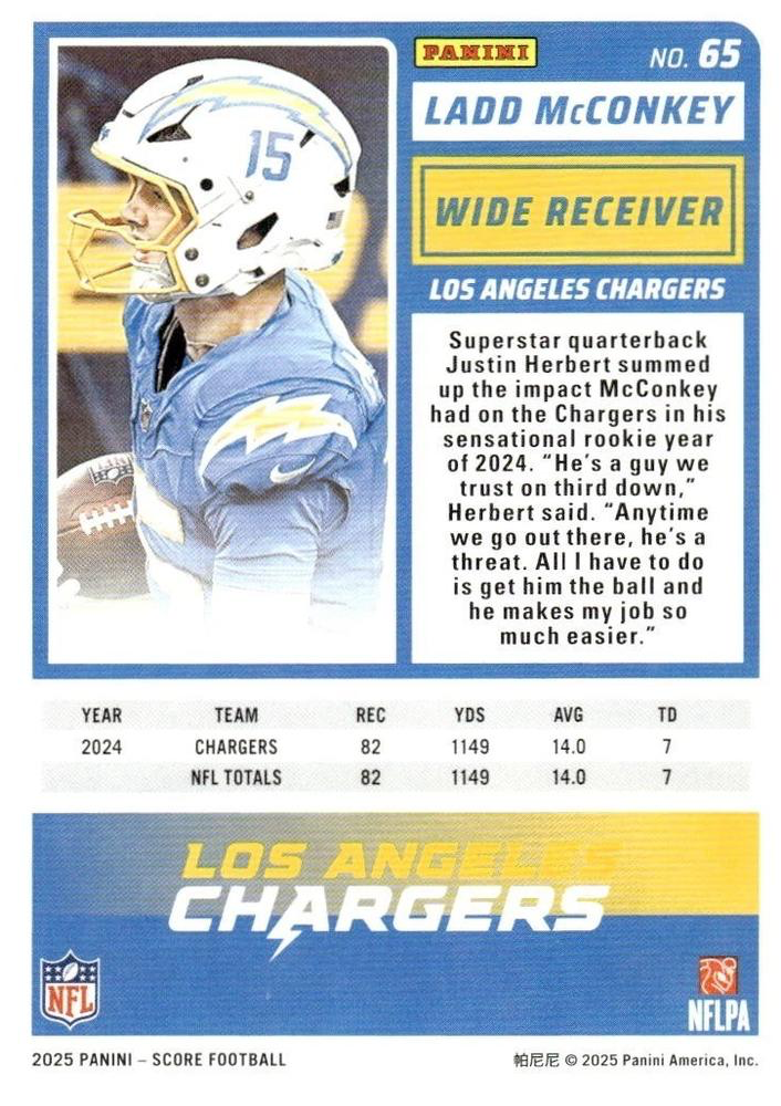 2025 Panini Score Ladd McConkey #65 Los Angeles Chargers