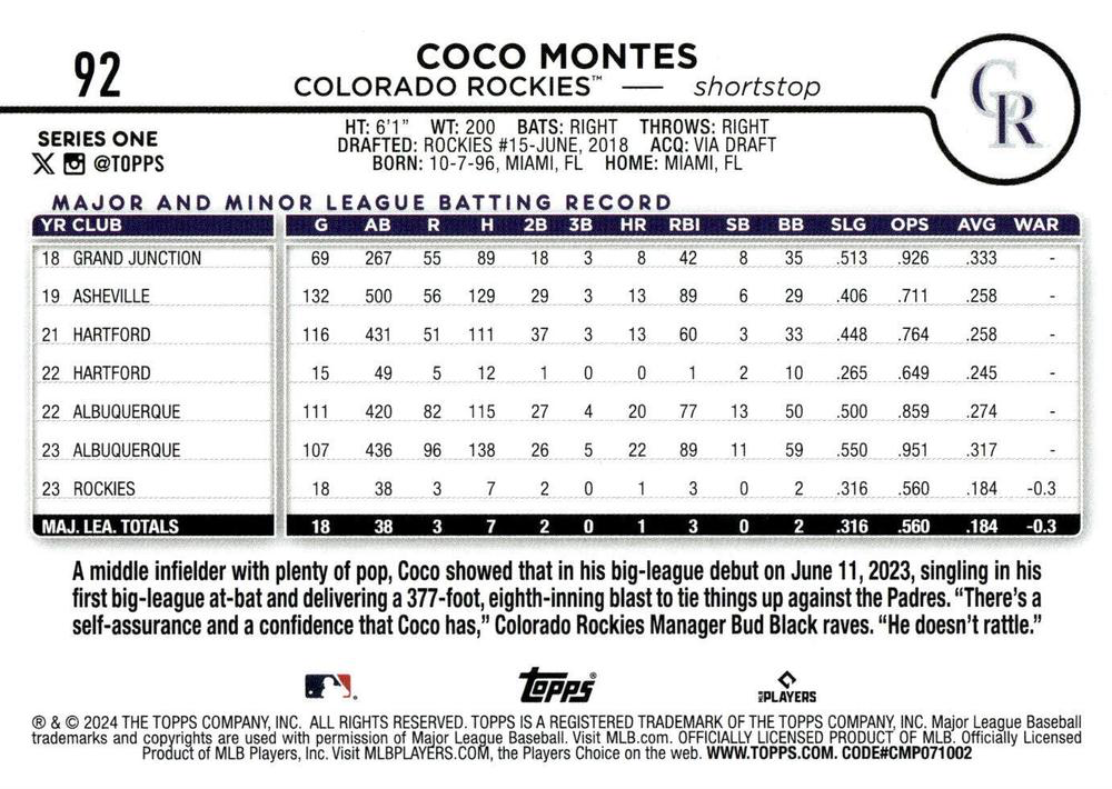 2024 Topps Series 1 Coco Montes RC Colorado Rockies #92