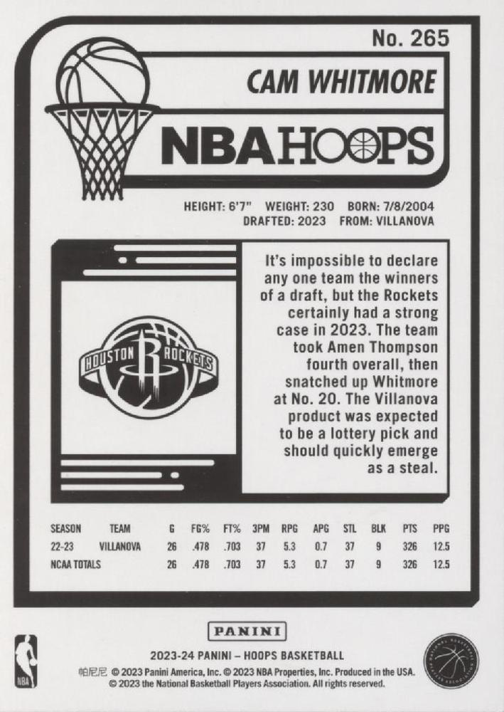 2023 Panini Hoops Cam Whitmore RC #265 Houston Rockets