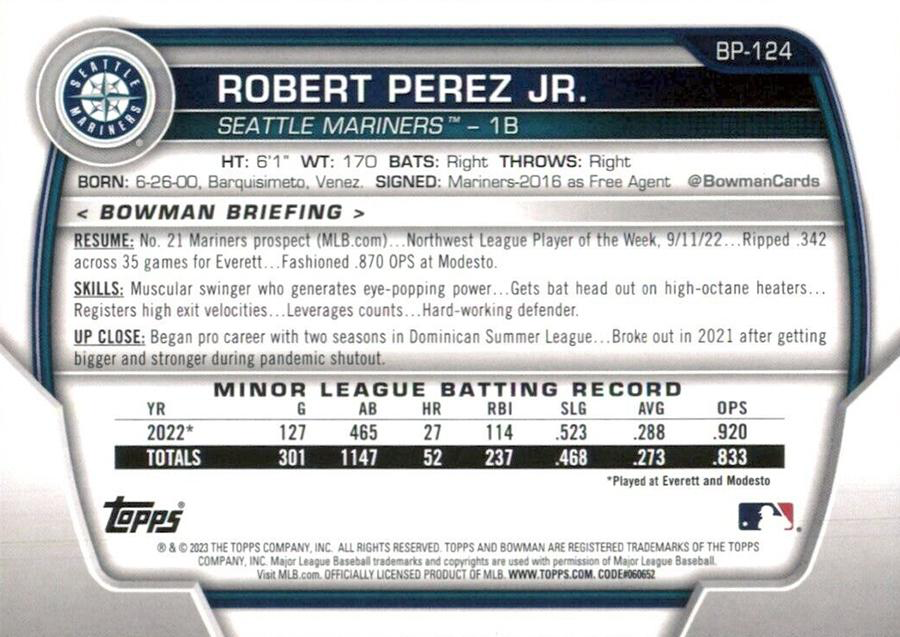 2023 Topps Bowman Paper Prospects Robert Perez Jr. 1st Seattle Mariners #BP-124