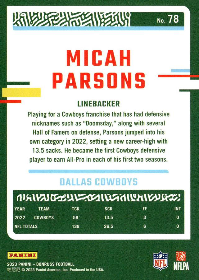 2023 Panini Donruss Micah Parsons #78 Dallas Cowboys