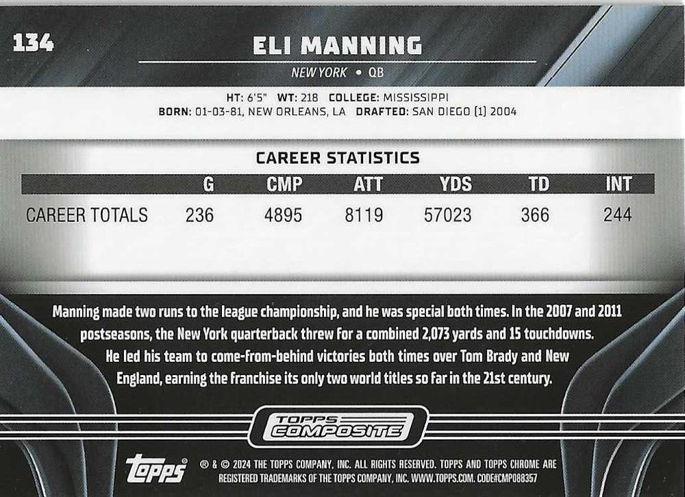 2023 Topps Composite Football Eli Manning Chrome Black #134 New York Giants