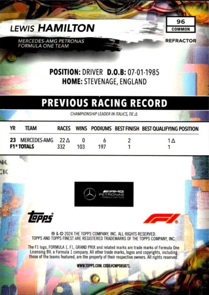2024 Topps Finest Formula 1 Refractor Lewis Hamilton #96 Mercedes-AMG
