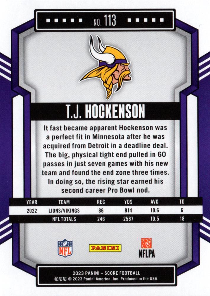 2023 Panini Score Football T.J. Hockenson Minnesota Vikings #113
