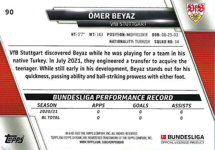 2021 Topps Chrome Bundesliga Omer Beyaz RC #90 VfB Stuttgart