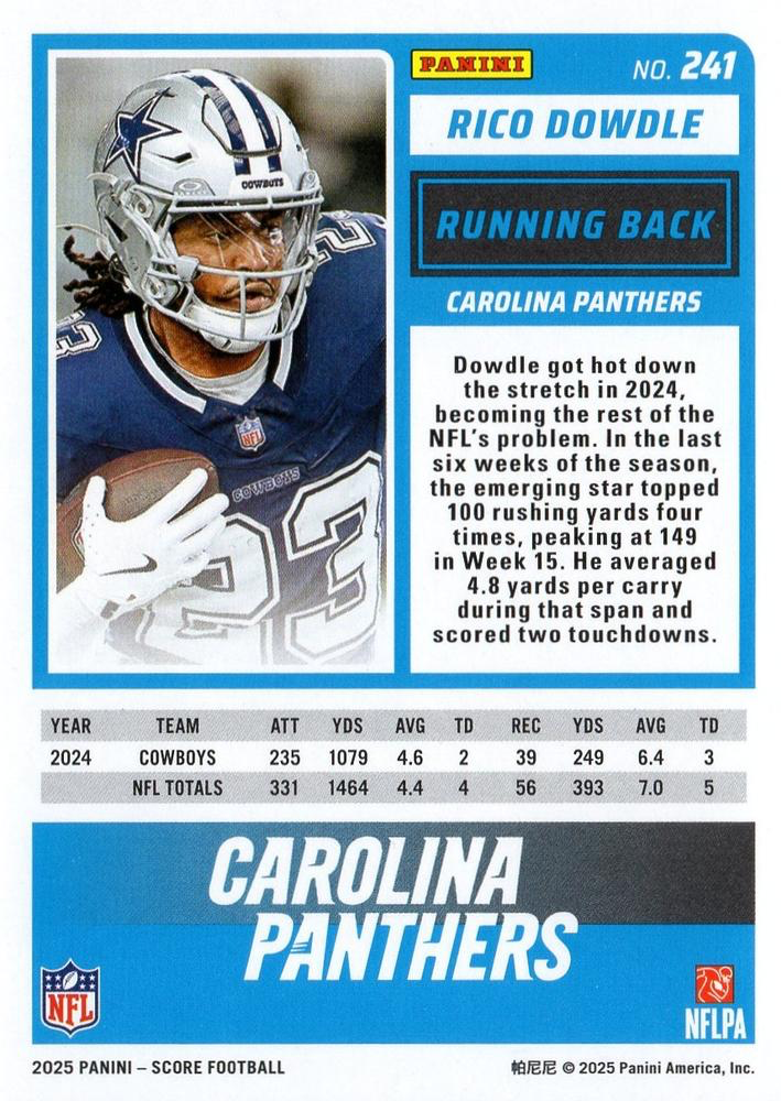 2025 Panini Score Rico Dowdle #241 Carolina Panthers