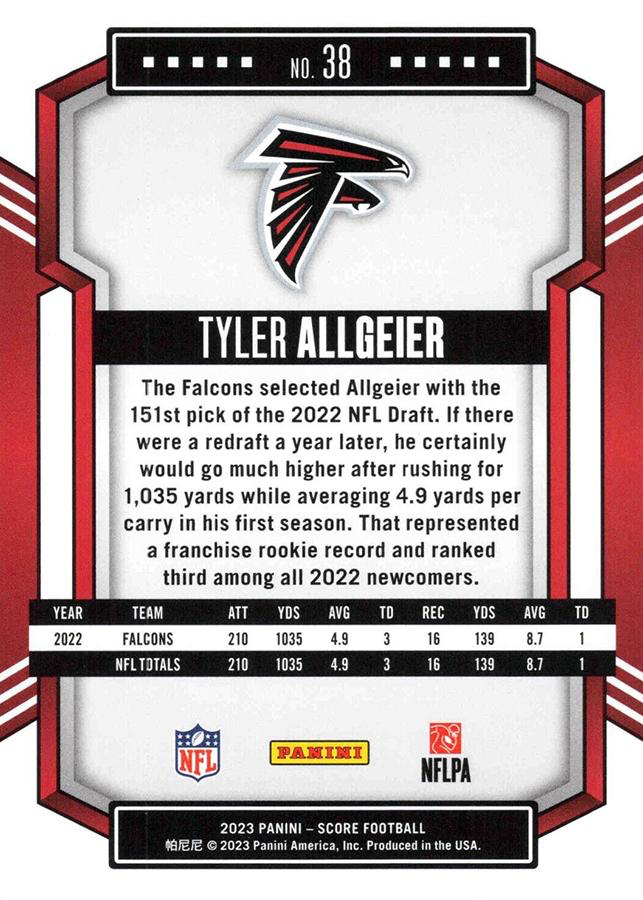 2023 Panini Score Football Tyler Allgeier Atlanta Falcons #38