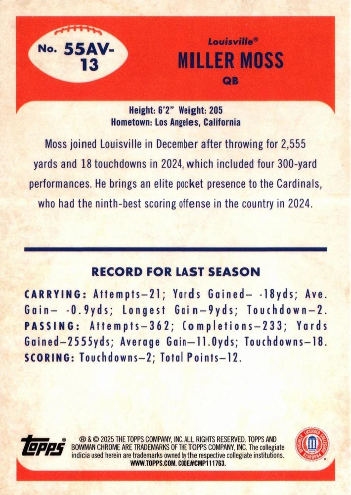 2025 Topps Bowman U Chrome 1955 Miller Moss #55AV-13 Louisville Cardinals