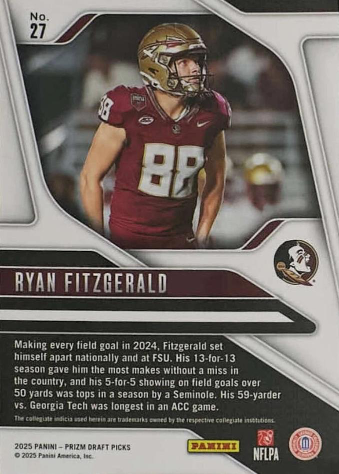 2025 Panini Prizm Draft Picks Ryan Fitzgerald #27 Florida State Seminoles