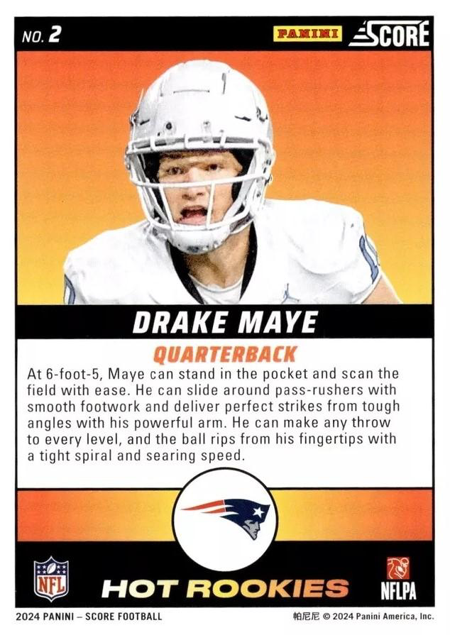 2024 Panini Score Football Hot Rookies Drake Maye New England Patriots #2 RC