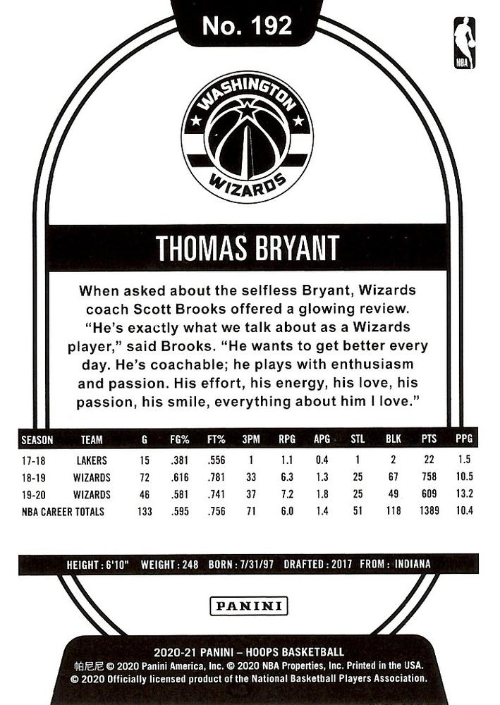 2020 Panini Hoops Thomas Bryant #192 Washington Wizards