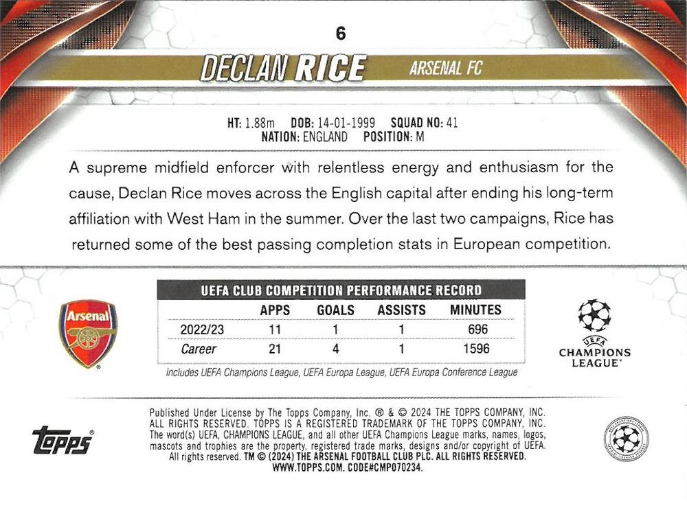 2023 Topps UCC Declan Rice #6 Arsenal FC