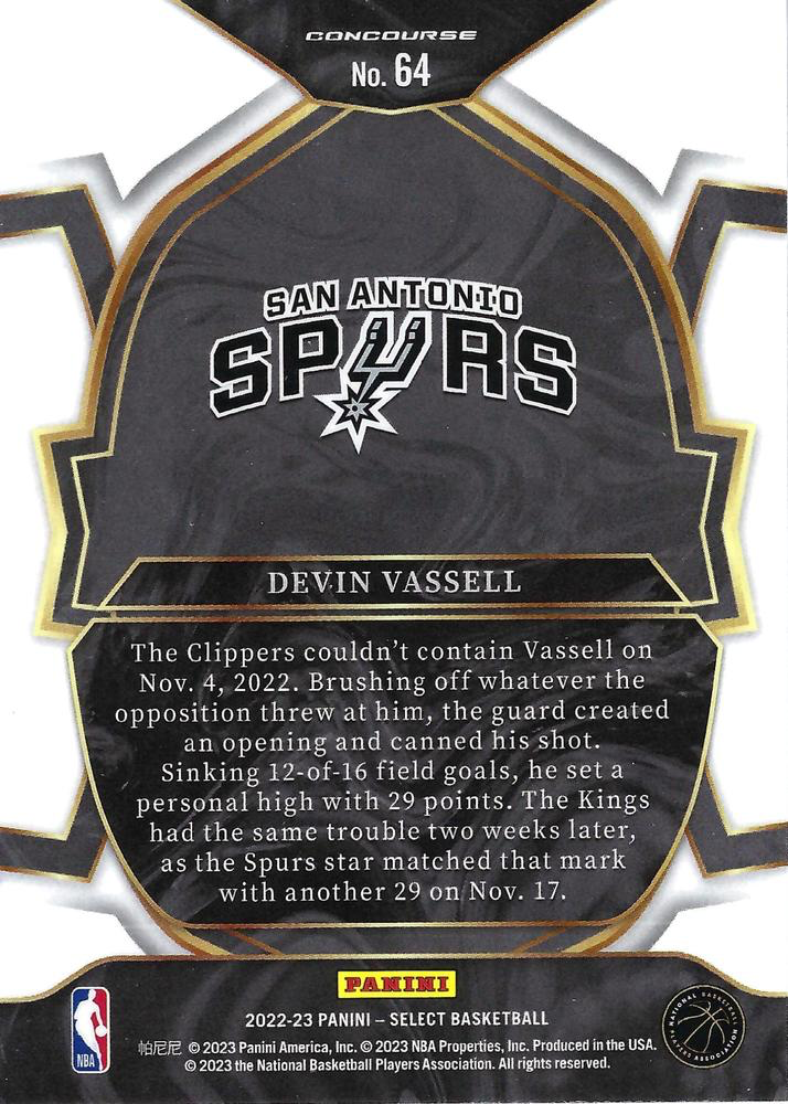 2022 Panini Select Blue Devin Vassell #64 San Antonio Spurs