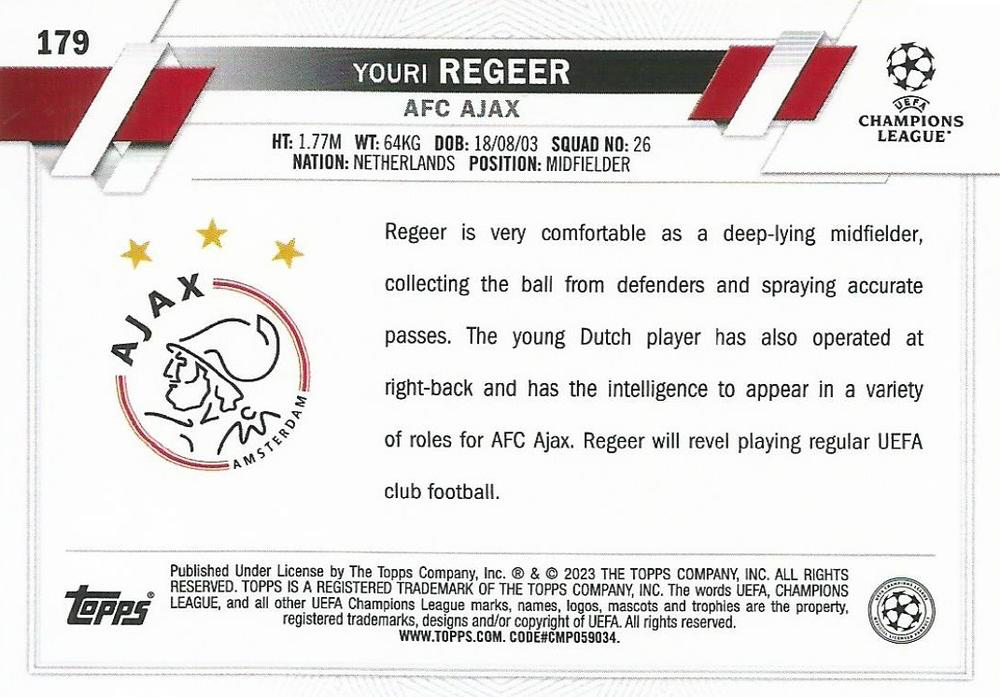 2022 Topps UCC Youri Regeer RC #179 Ajax