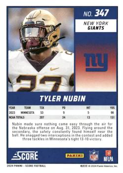 2024 Panini Score Football Tyler Nubin New York Giants #347 RC