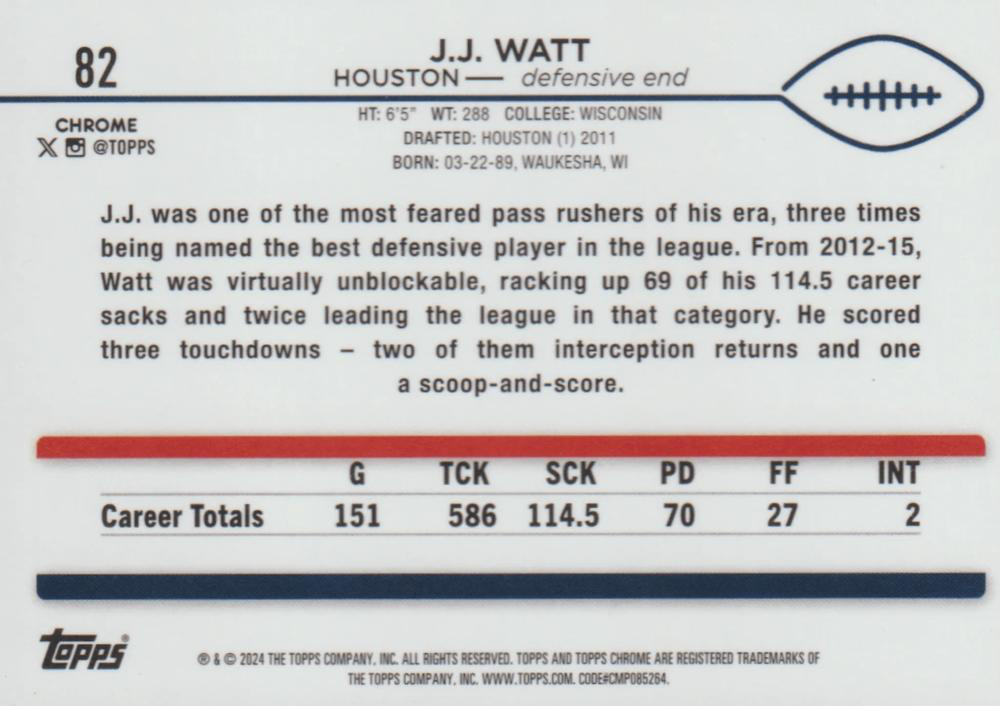 2024 Topps Chrome Football J.J. Watt #82 Houston Texans
