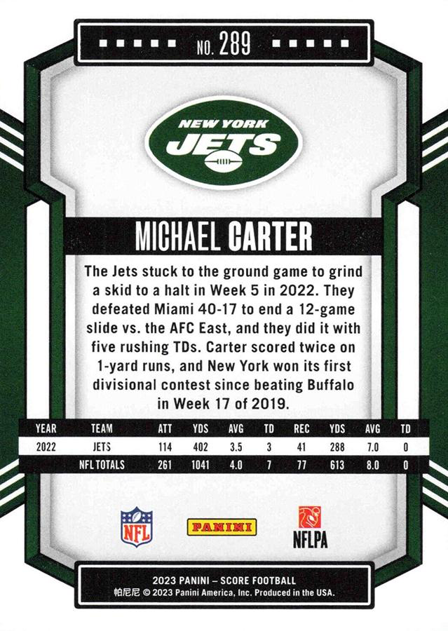 2023 Panini Score Football Michael Carter New York Jets #289