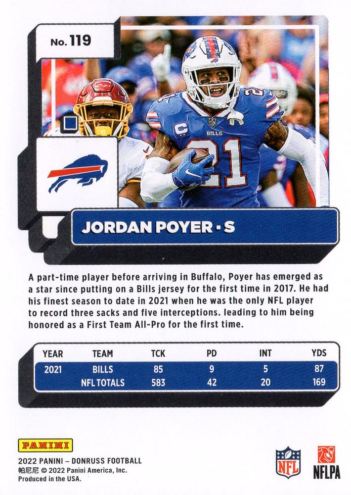 2022 Panini Donruss Jordan Poyer #119 Buffalo Bills