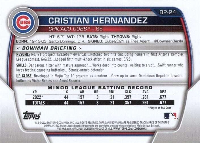 2023 Topps Bowman Paper Prospects Cristian Hernandez Chicago Cubs #BP-24