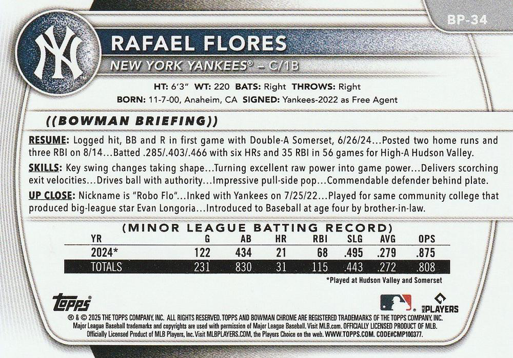 2025 Topps Bowman Prospects Rafael Flores New York Yankees #BP-34