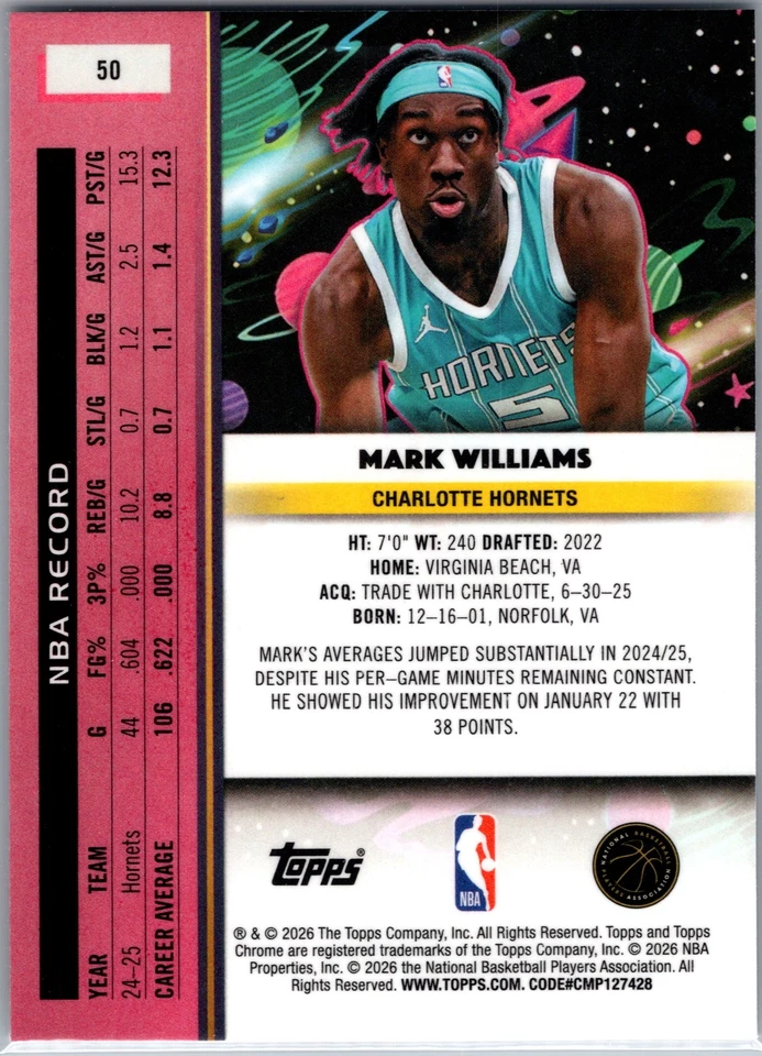 2025 Topps Chrome Cosmic Mark Williams #50 Charlotte Hornets