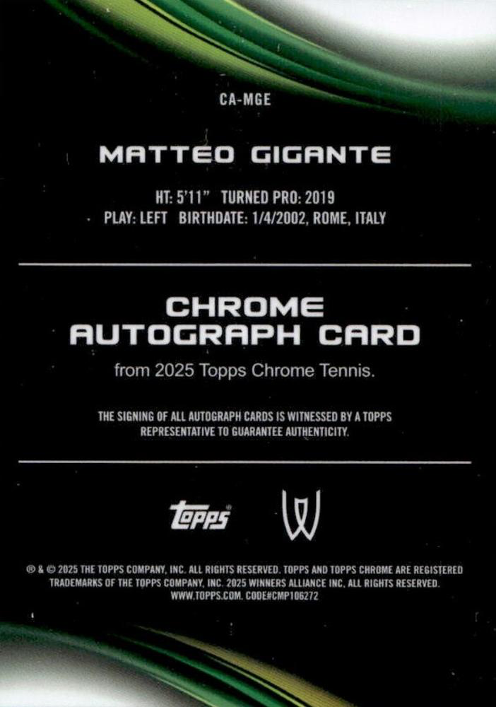 2025 Topps Chrome Tennis Autograph Matteo Gigante #CA-MGE