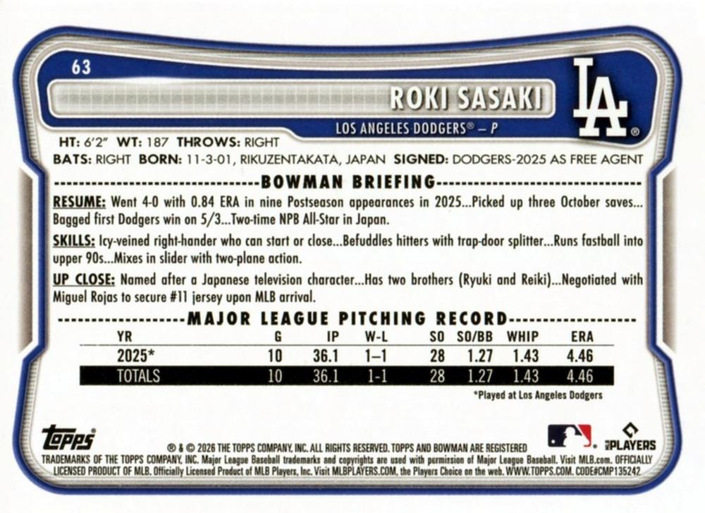 2026 Topps Bowman Roki Sasaki #63 Los Angeles Dodgers