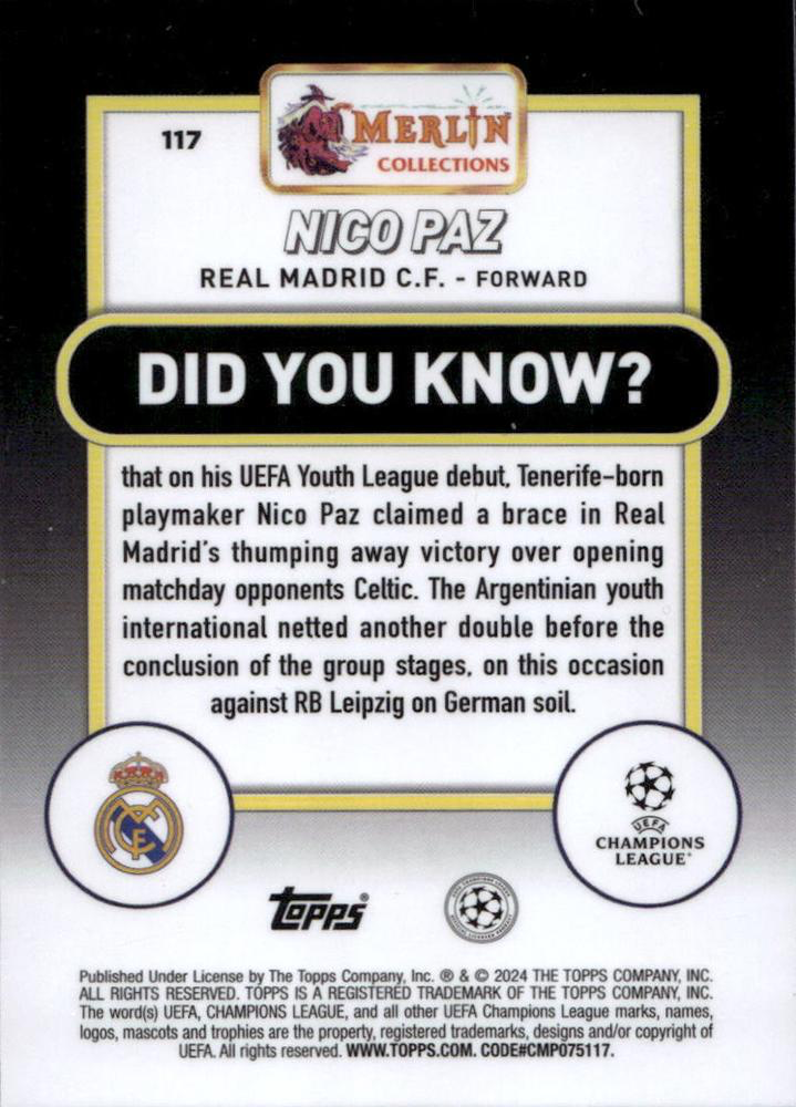 2023 Topps Merlin Chrome UCC Nico Paz RC #117 Real Madrid CF